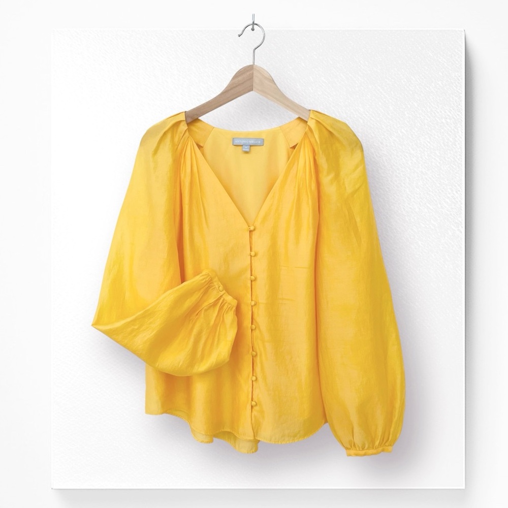ANTONIO MELANI Rena Silk Blouse Pleated Neck Button Front Balloon Long Sleeve